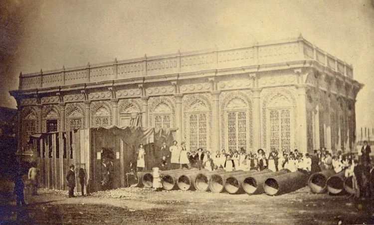 The New Orleans Free Market circa 1861, the ornate cast iron building whose historic columns now stand inside St. Roch Market on St. Claude Avenue
