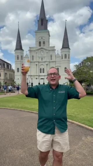 Kevin Pedeaux with a Zanzibar Boogie go-cup at Jackson Square during French Quarter Festival