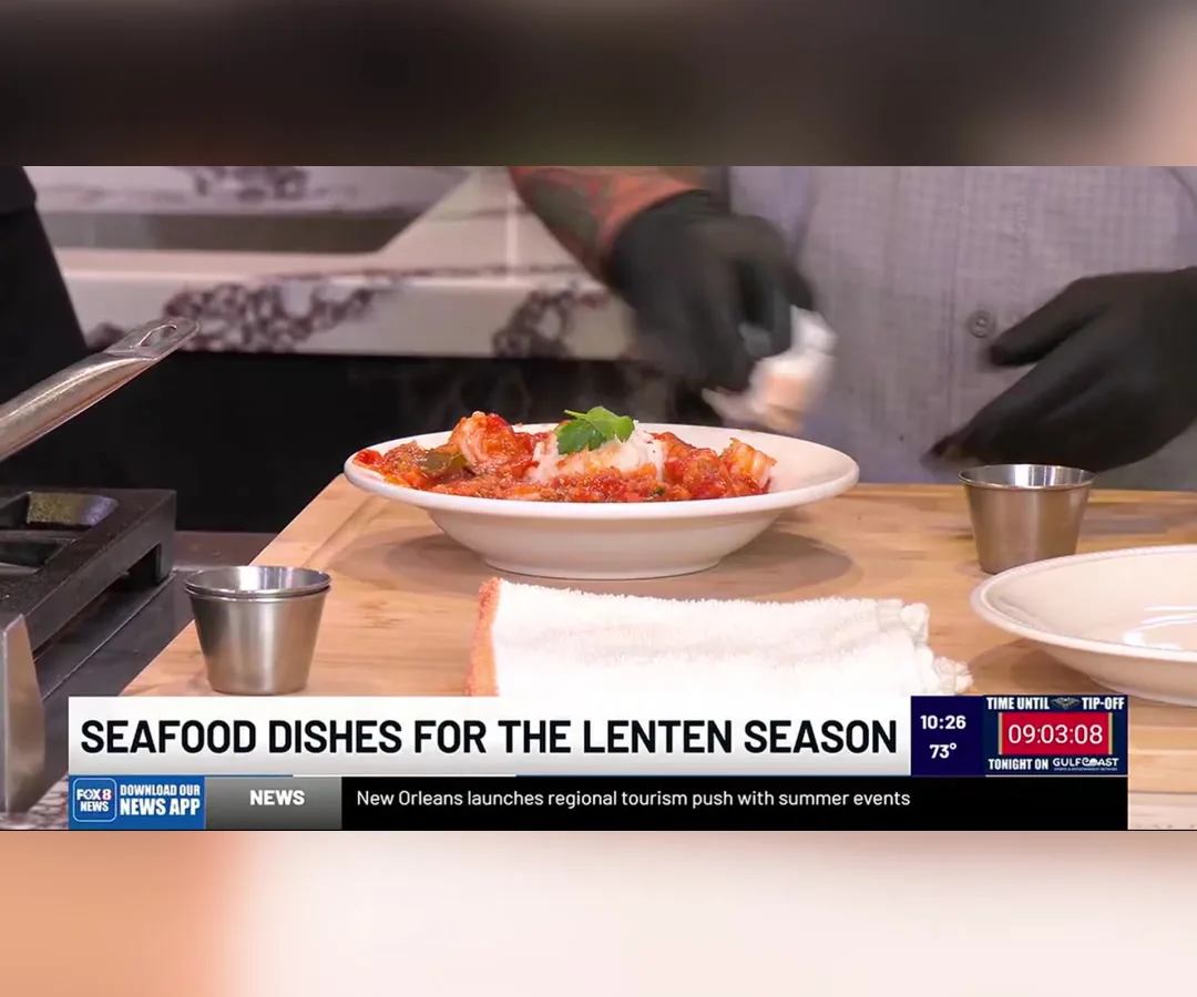 Grandmother's shrimp courtbouillon from Salted Pearl Oyster Bar at St. Roch Market, cooked live on FOX 8 Morning Show with Seafood Dishes for the Lenten Season chyron