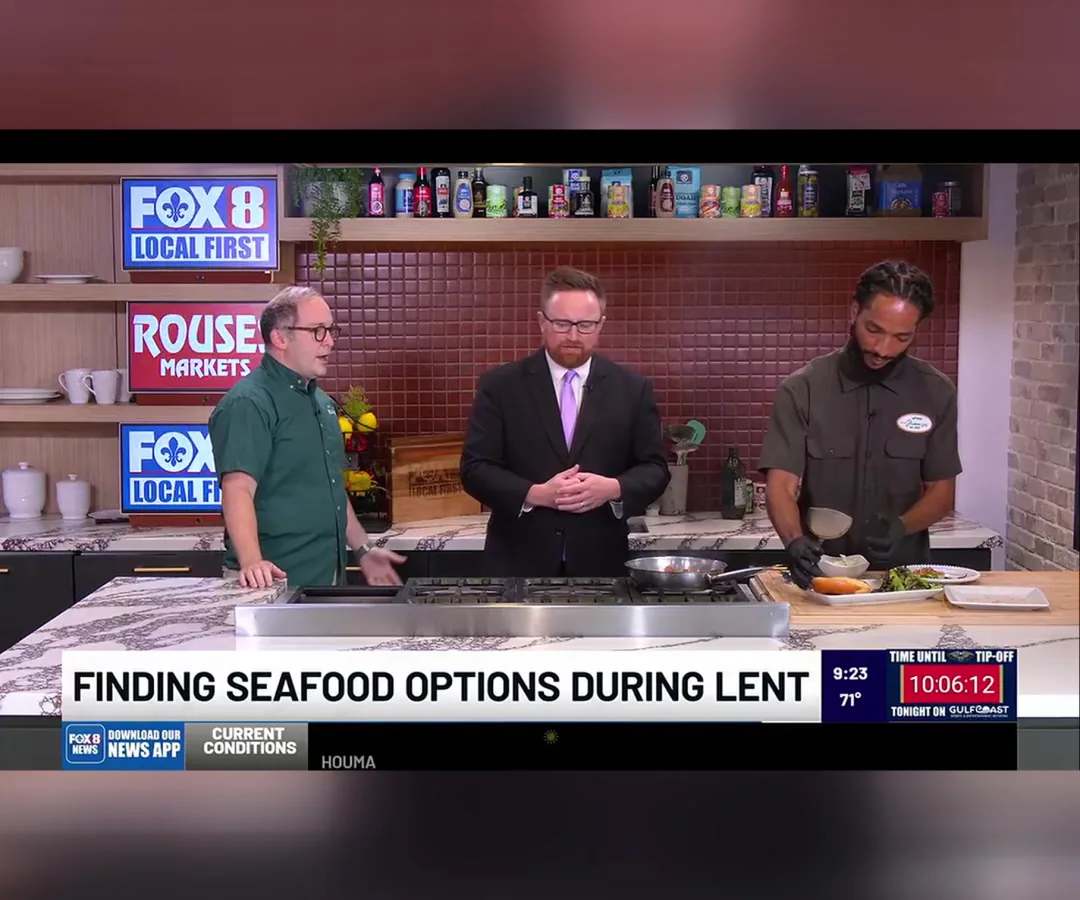 Kevin Pedeaux, Rob Krieger, and Jajuane Harris from FRSH Juice cooking live on the FOX 8 Morning Show in New Orleans